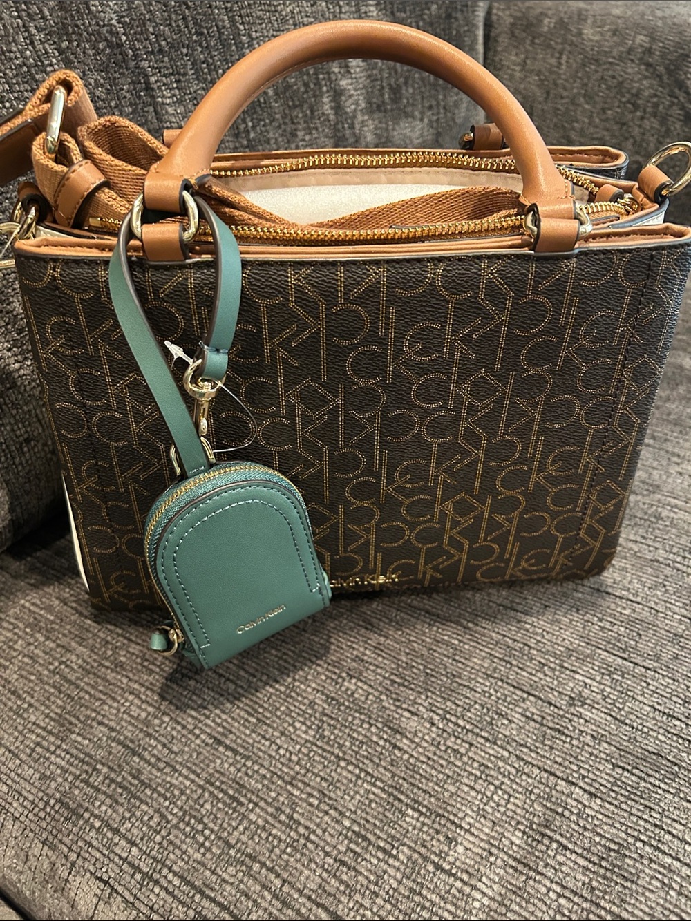 Calvin Klein Brown Monogram Satchel with Teal Charm